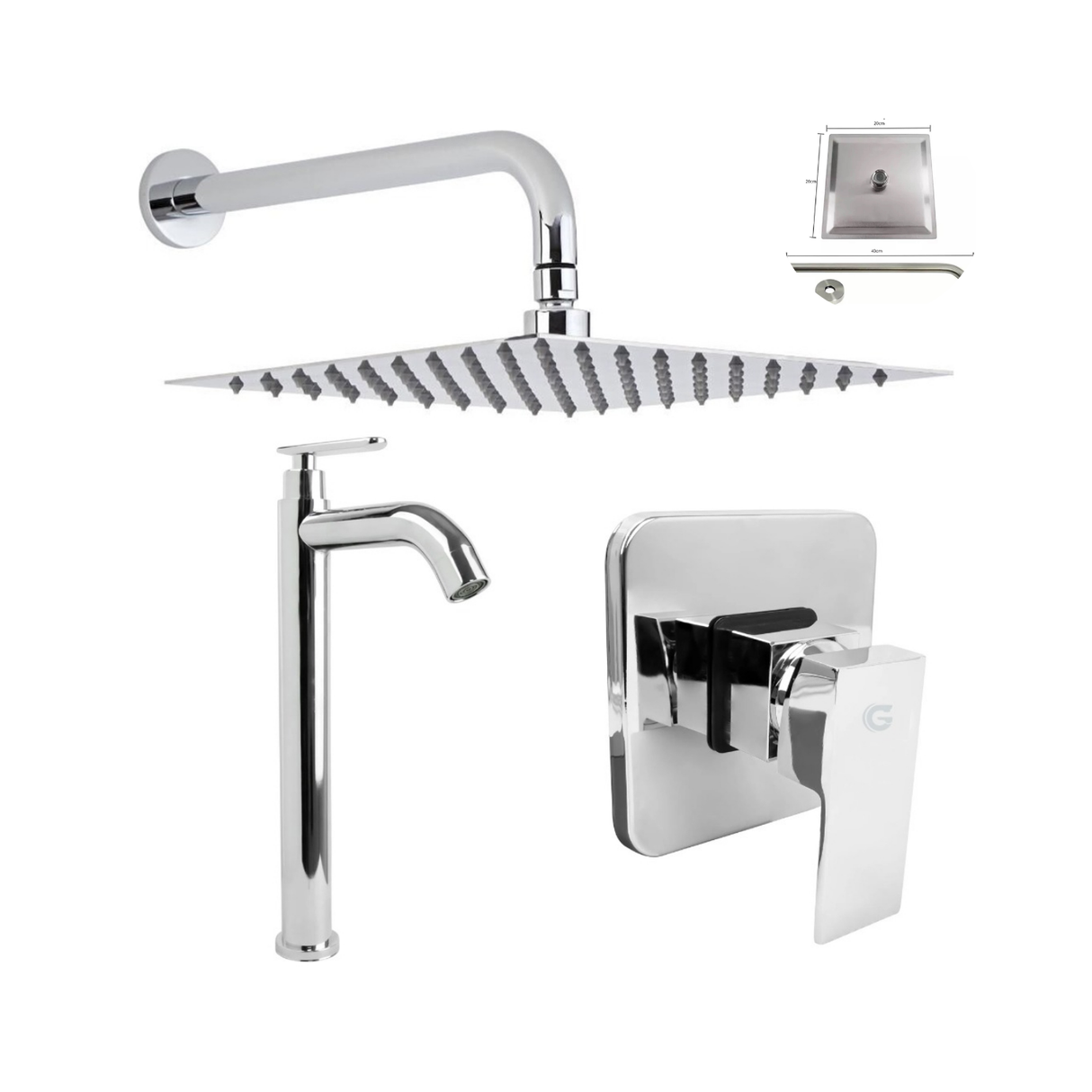 Kit Ducha 20cm + Griferia Agua Fria + Monocontrol Cromado