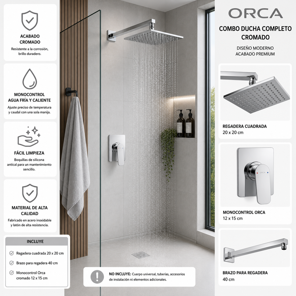 Conjunto de Ducha Orca Cromado con Monocontrol, Regadera 20 × 20 cm y Brazo de 40 cm