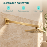 Brazo de Ducha Cuadrado Dorado con Escudo: Perfil cuadrado, Acabado dorado, Incluye escudo