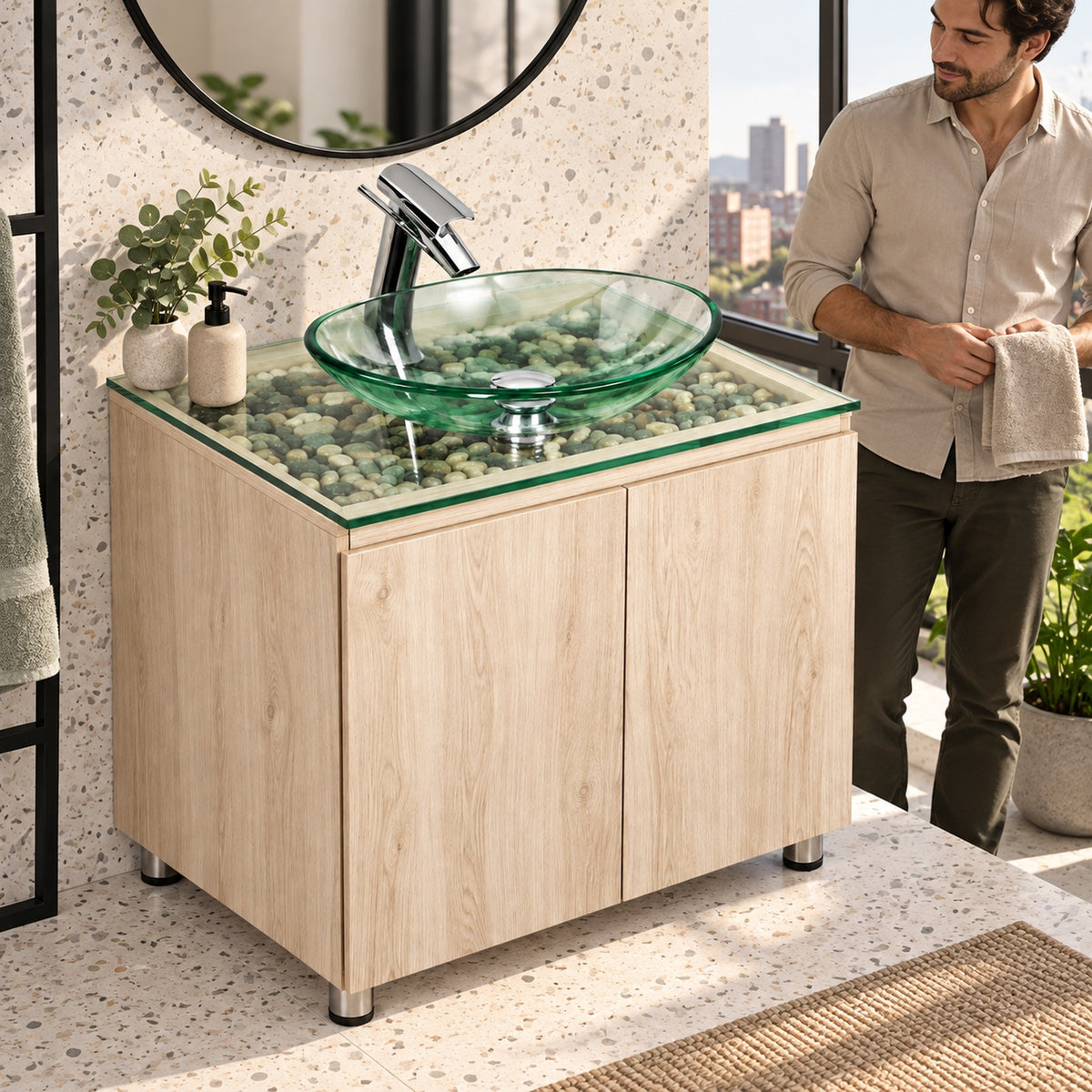 Combo Mueble De Baño RH Con Lavamanos De Vidrio Y Piedras 60 X 47 Cm - Vista Cercana Ambientada