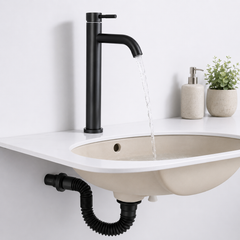 Combo Llave Lavamanos Negro con Pico Curvo 31 cm, Desagüe Push y Sifón Flexible de 82 cm