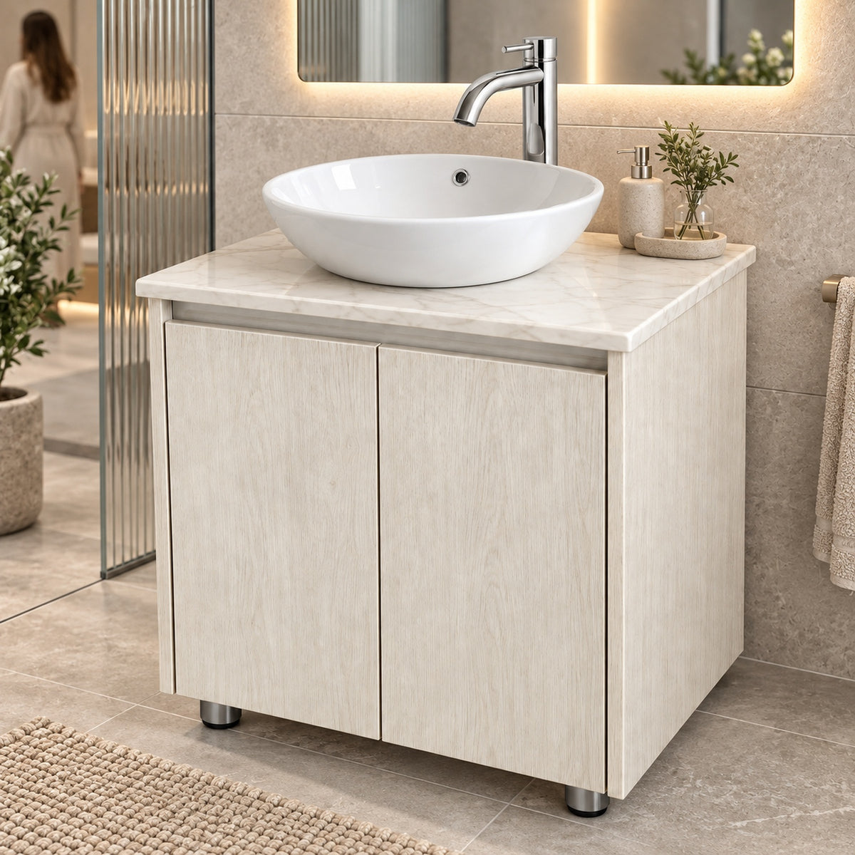Combo Mueble De Baño RH Beige Con Lavamanos En Mármol 60 X 47 Cm - Vista Cercana Ambientada