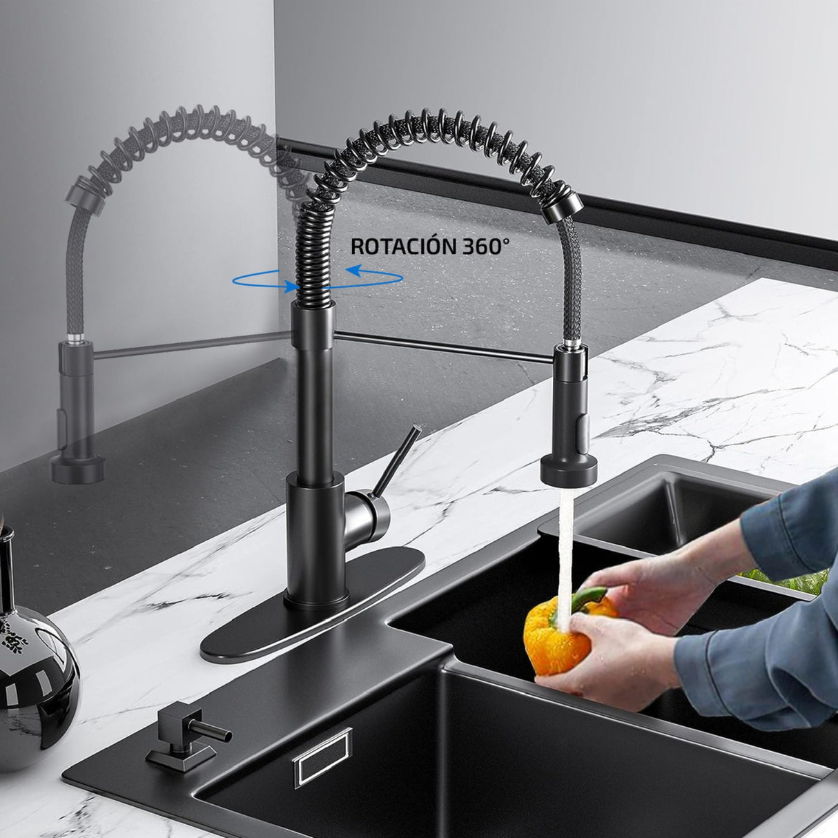 Llave Lavaplatos Monocontrol Extensible Negro Para Cocina Acabado Mate