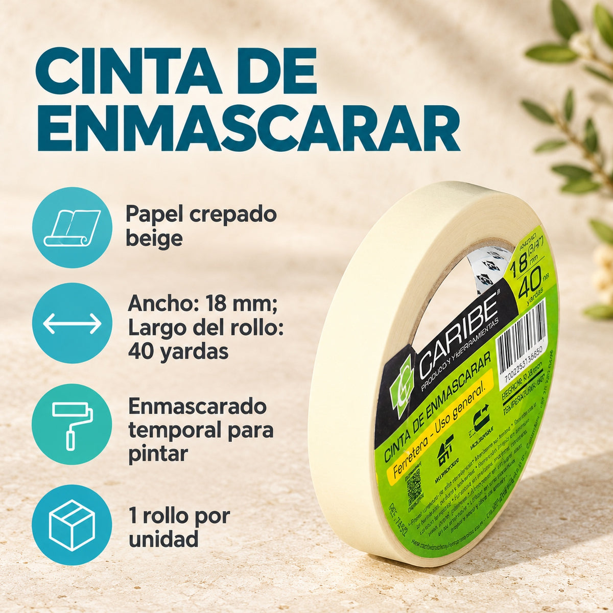 Cinta De Enmascarar Beige De 18 mm × 40 Yardas — material, presentación y características