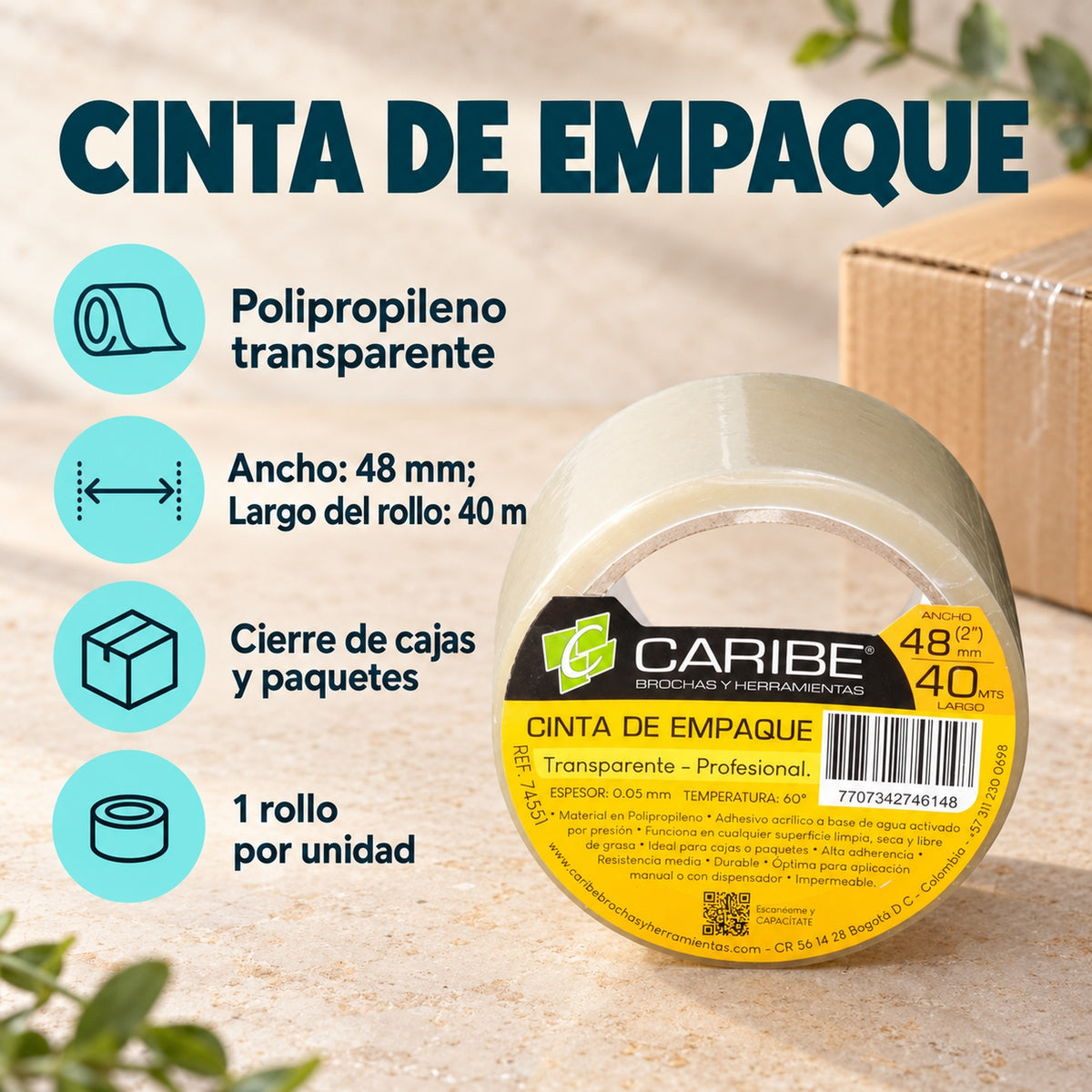Cinta De Empaque Transparente De 48 mm × 40 m — material, presentación y características