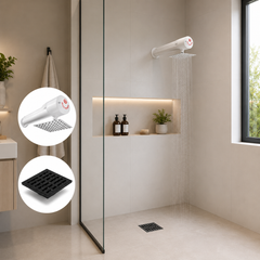Combo Ducha Eléctrica Lusso Blanca 110V 20 × 20 cm + Rejilla Negra Mate 10 × 10 cm