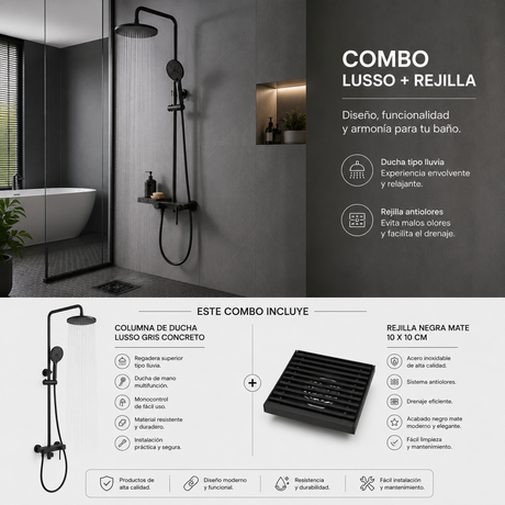 Combo columna de ducha Lusso gris concreto y rejilla negra mate 10 x 10 cm