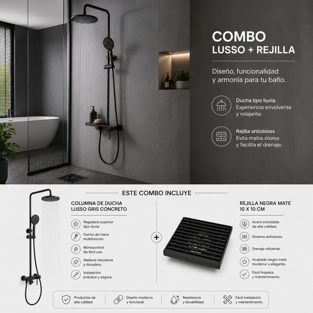 Combo columna de ducha Lusso gris concreto y rejilla negra mate 10 x 10 cm