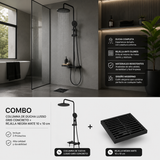 Combo instalado con columna de ducha Lusso gris concreto y rejilla negra mate