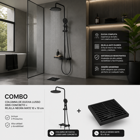 Combo instalado con columna de ducha Lusso gris concreto y rejilla negra mate