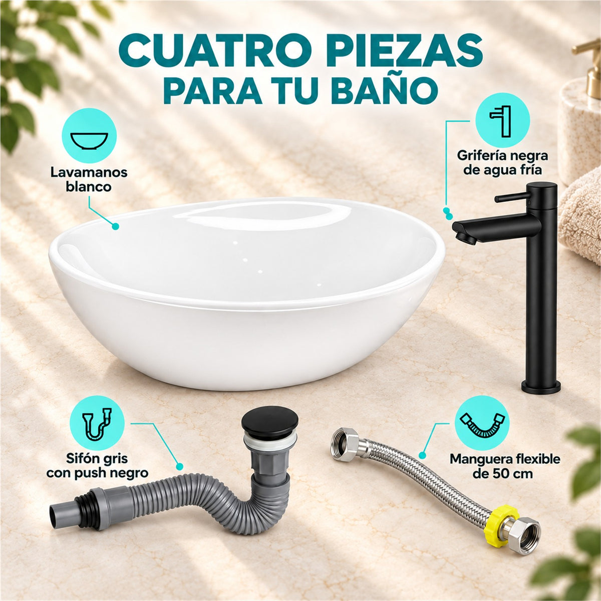 Características del combo de lavamanos, grifería, sifón push y manguera