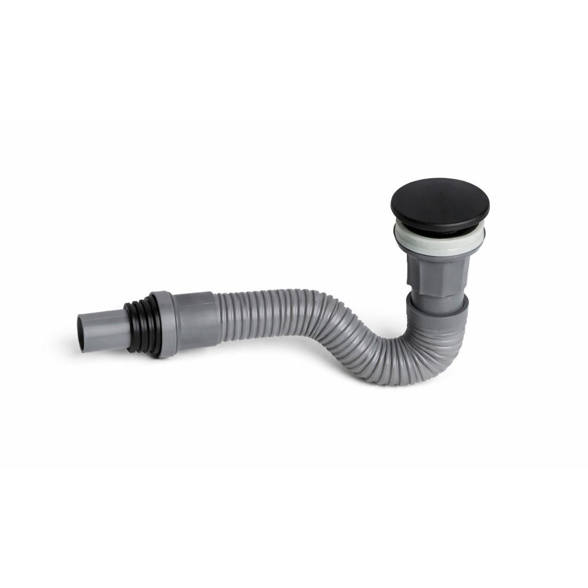 Sifón flexible gris con tapa push negra del combo