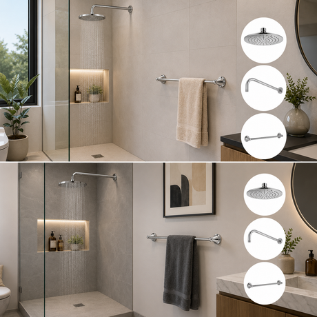 Segunda ambientación cuadrada 1500 x 1500 del combo cromado con regadera y tubo en la ducha, toallero fuera y componentes resaltados en círculos blancos