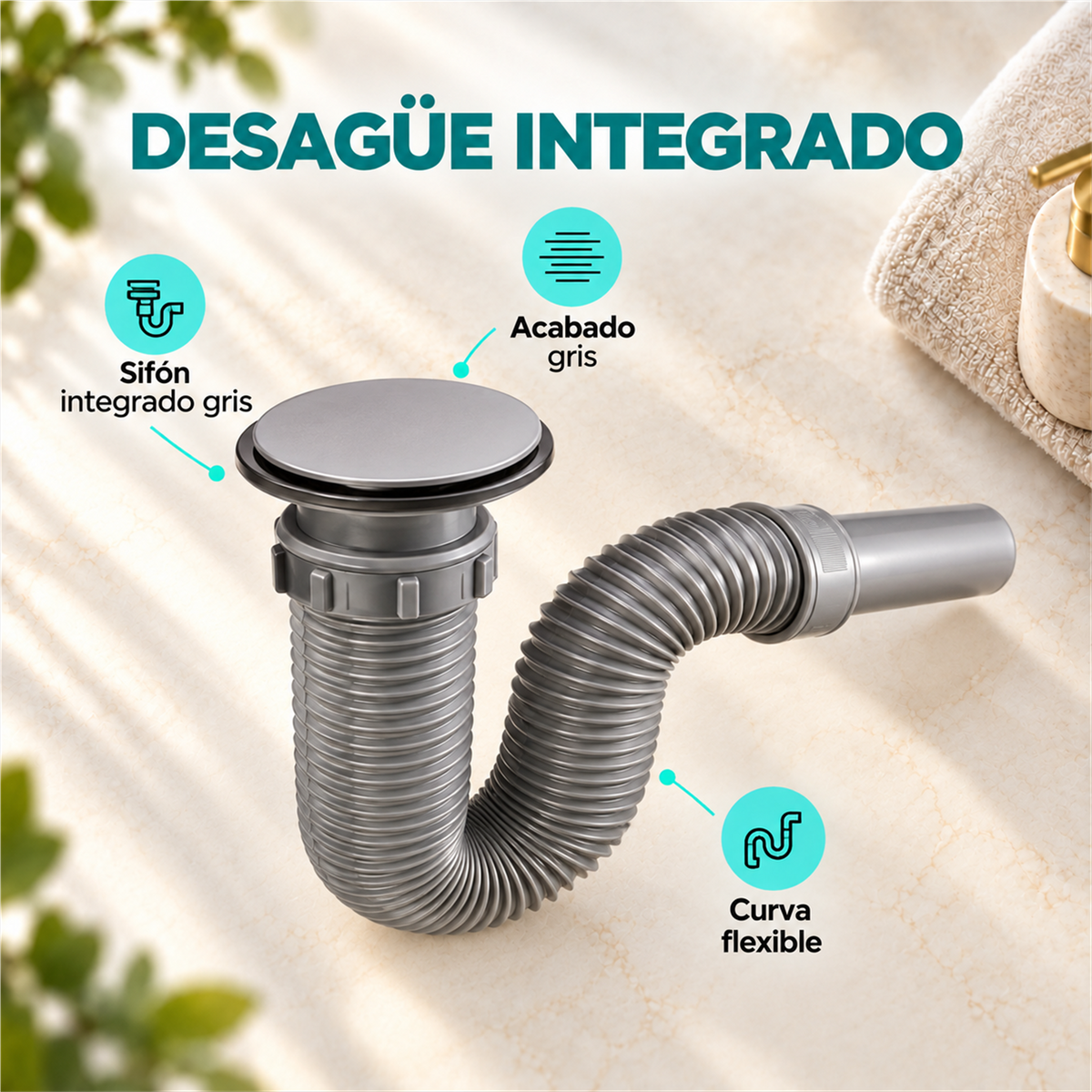 Características del sifón gris con desagüe push incluido en el combo