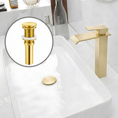 Kit Grifería Lavamanos Alta Cascada 28 cm alta Oro Brillante con Desagüe Push Oro 7.8 alto