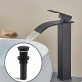 Kit Grifería Lavamanos Alta Milan Negro Mate 28 cm + Desagüe Push Cuadrado Negro 7.8 cm | Set Completo Baño Moderno