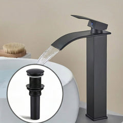 Kit Grifería Lavamanos Alta Milan Negro Mate 28 cm + Desagüe Push Cuadrado Negro 7.8 cm | Set Completo Baño Moderno