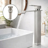 Kit Grifería Lavamanos Alta Cascada Acero Inoxidable 304 Satin 30 cm + Desagüe Push Satin 7.8 cm | Set Completo Baño Moderno