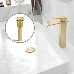 Kit Grifería Lavamanos Alta Cascada Oro Cepillado 28 cm + Desagüe Push 7.8 cm con Sosco | Set Completo Baño Moderno