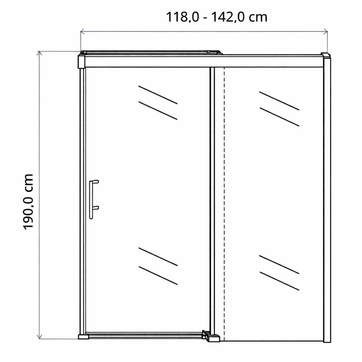 Croquis división de baño ajustable de 118 a 142 cm de ancho y 190 cm de alto