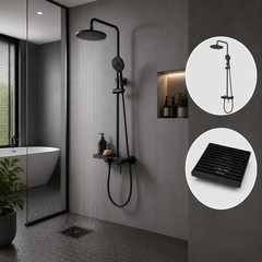 Combo Columna de Ducha Lusso Gris Concreto + Rejilla Negra Mate 10 × 10 cm
