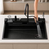 Lavaplatos inteligente Pamo negro 75 × 46 cm en acero inoxidable 304 con grifería multifunción y accesorios móviles