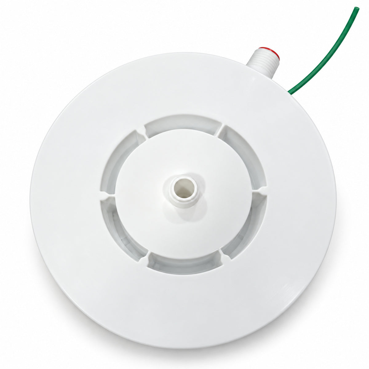 Depósito dirigible blanco para ducha Maxi Zent, vista exterior con conexión lateral y cable verde