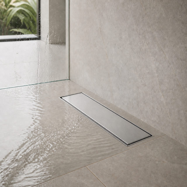 Desagüe de piso invisible de 30 x 10 cm instalado a ras en una ducha clara