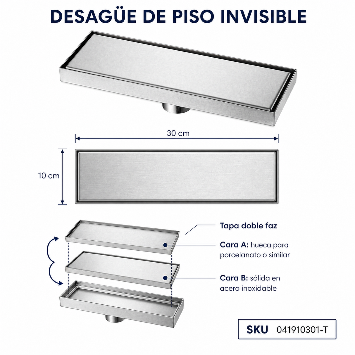 Croquis de 30 x 10 cm y funcionamiento de la tapa doble faz del desagüe