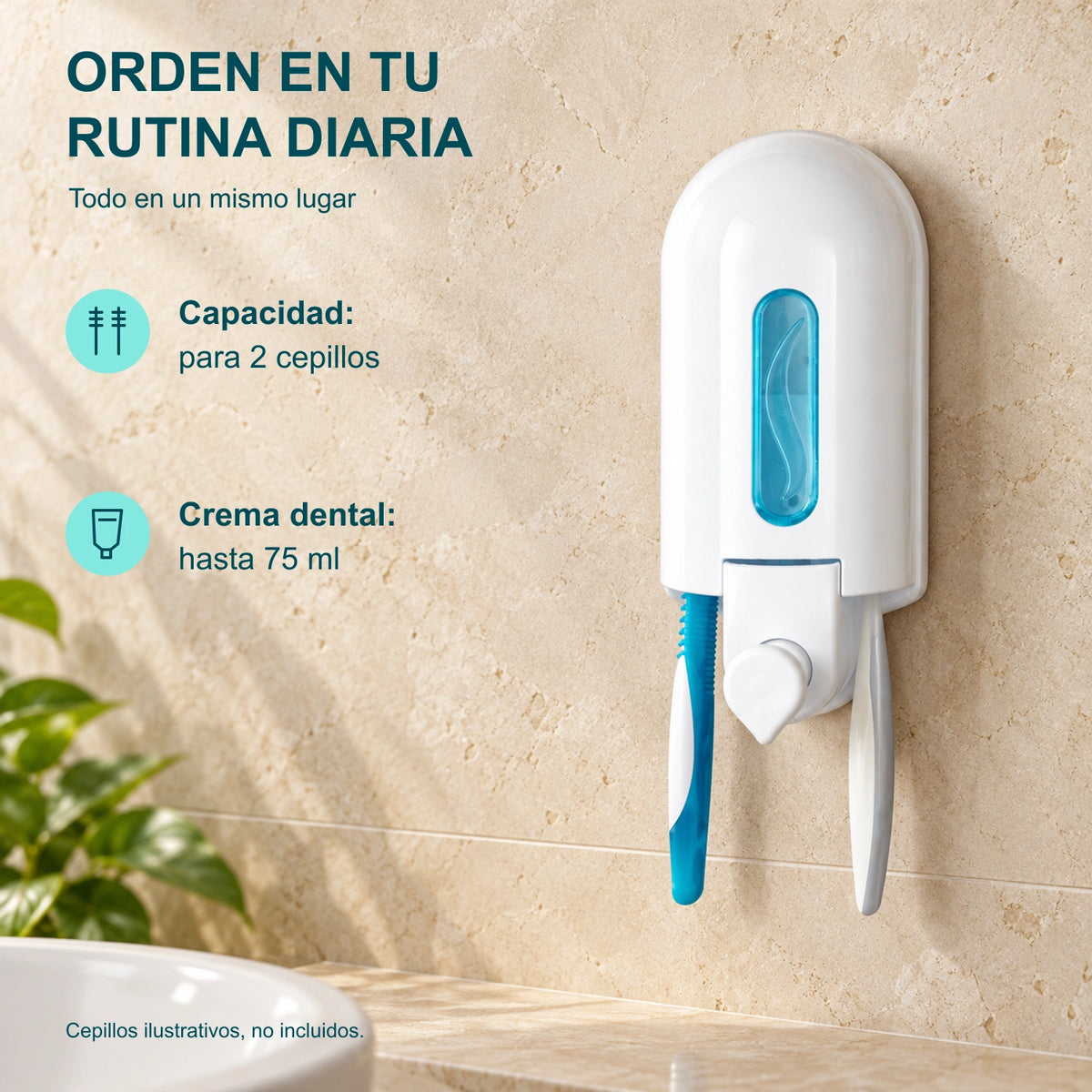 Dispensador blanco con visor azul instalado en pared: capacidad para 2 cepillos y tubo de crema dental de hasta 75 ml. Cepillos ilustrativos, no incluidos.