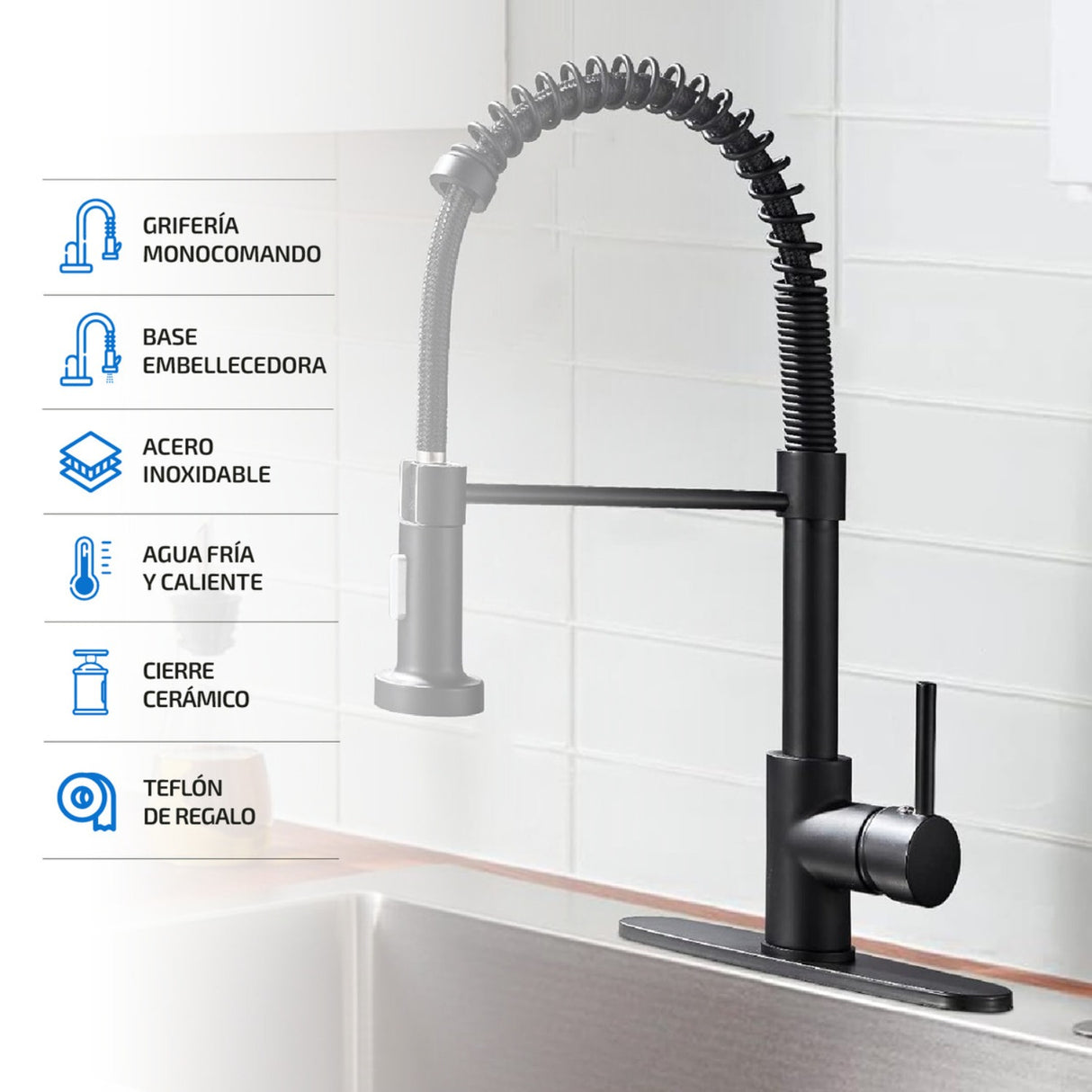 Llave Lavaplatos Monocontrol Extensible Negro Para Cocina Acabado Mate