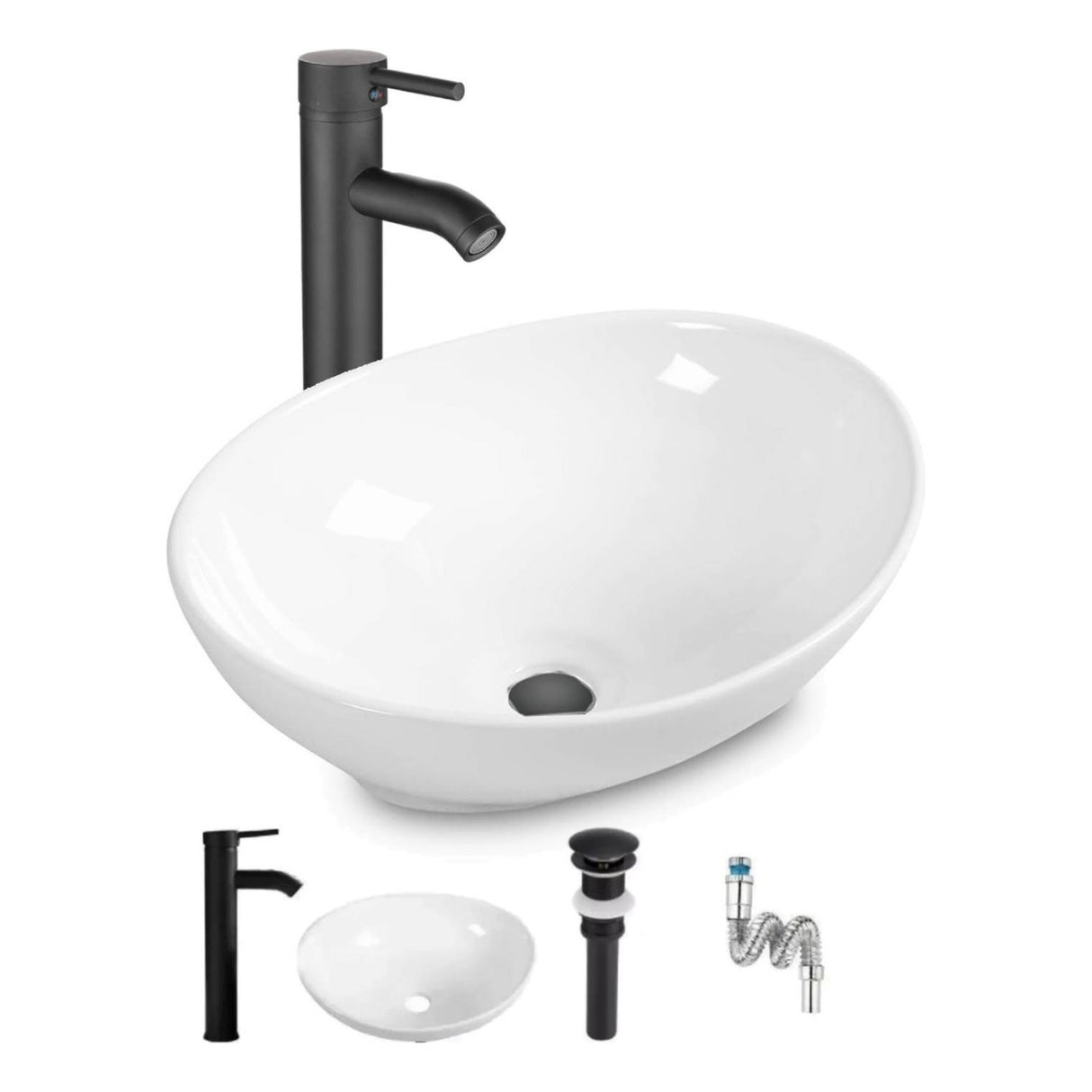 Kit Completo Lavamanos Blanco Canoa- Desagüe -griferia Negra