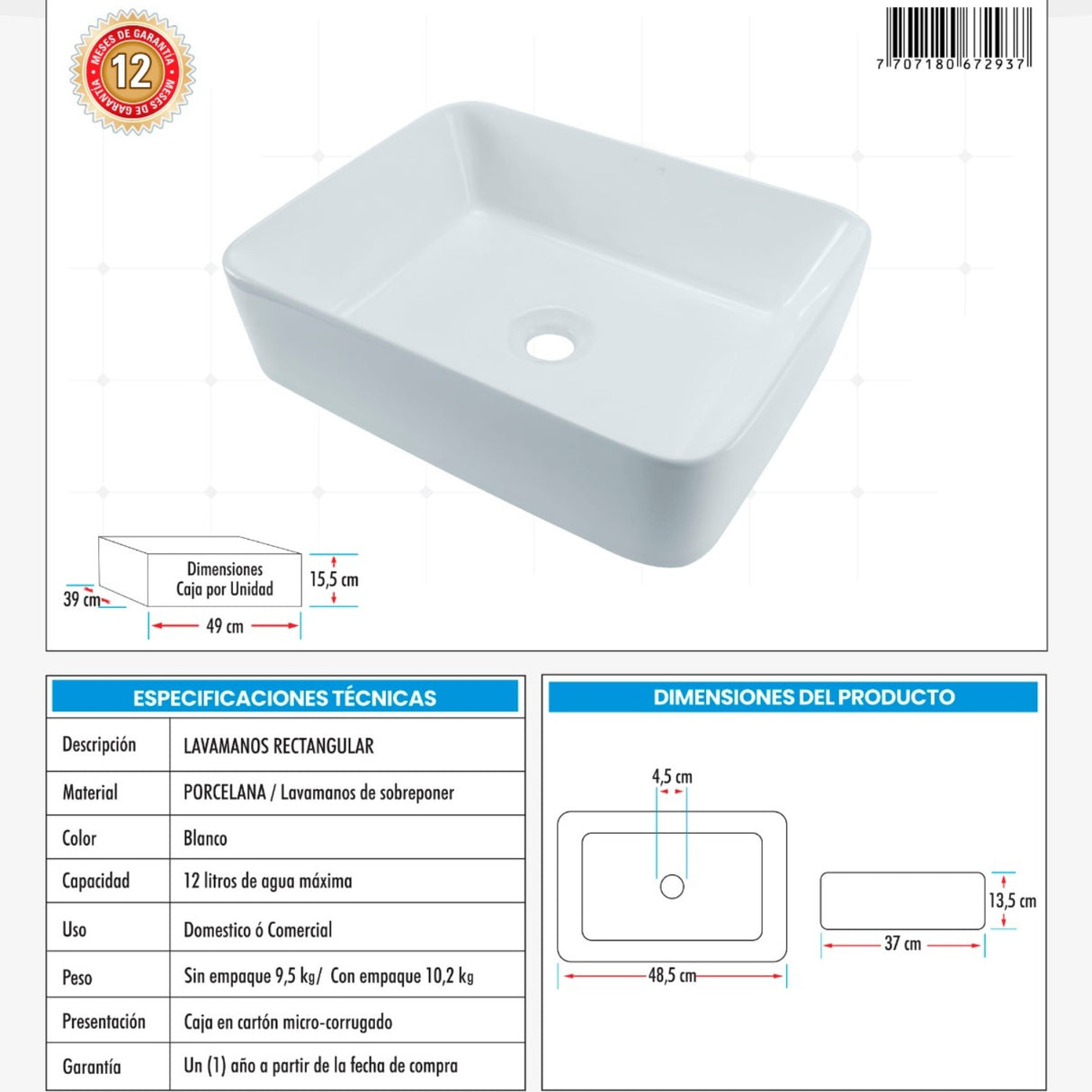 Kit Lavamanos Rectangular+grifo Monocontrol Cuadrada Cromo