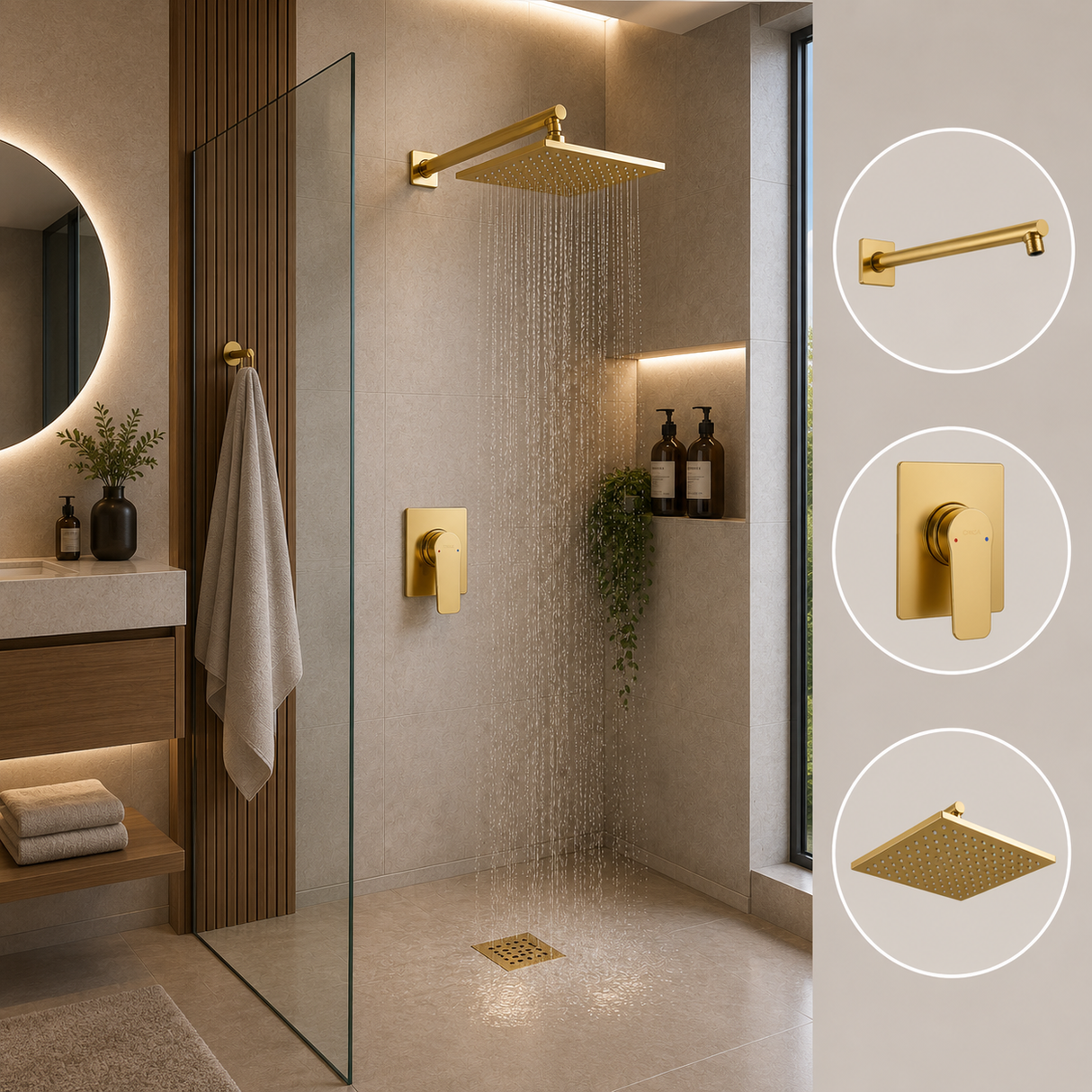 Conjunto de Ducha Oro Brillante con Monocontrol, Regadera 20 × 20 cm y Brazo de 40 cm