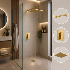 Conjunto de Ducha Oro Brillante con Monocontrol, Regadera 20 × 20 cm y Brazo de 40 cm