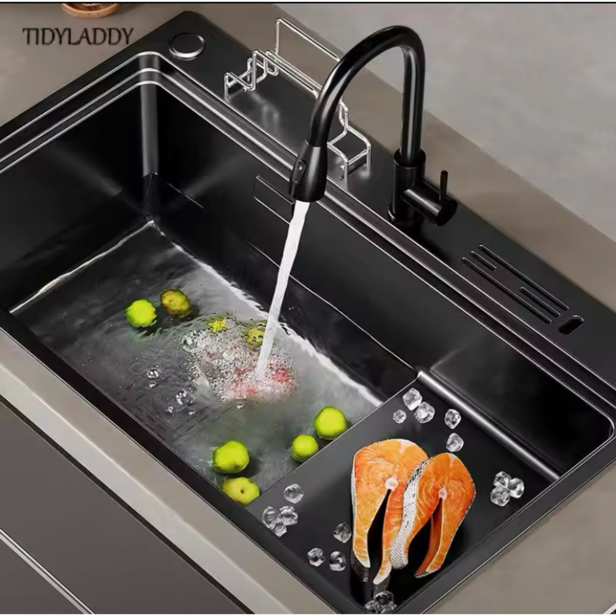 Lavaplatos Cocina Negro Con Griferia Movil Y Porta Cuchillos Integrado