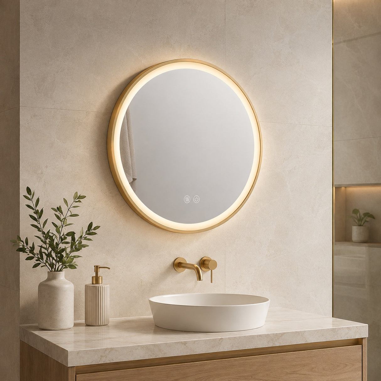 Espejo LED redondo de 60 cm instalado en baño moderno con marco de aluminio dorado