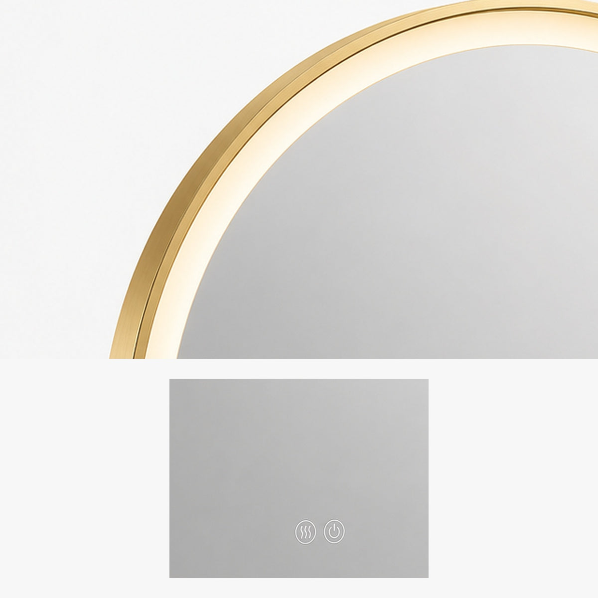 Detalle del marco de aluminio dorado y controles táctiles del espejo LED