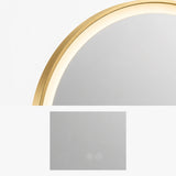 Detalle del marco de aluminio dorado y controles táctiles del espejo LED