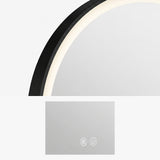 Detalle del marco de aluminio negro y controles táctiles del espejo LED