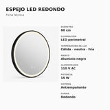 Ficha técnica del espejo LED redondo de 60 cm con marco de aluminio negro