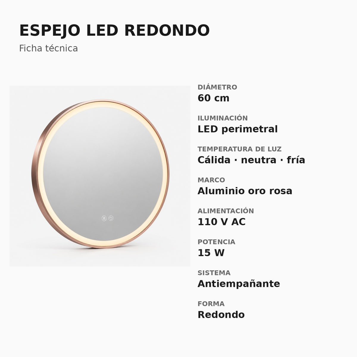 Ficha técnica del espejo LED redondo de 60 cm con marco de aluminio oro rosa