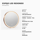 Ficha técnica del espejo LED redondo de 60 cm con marco de aluminio oro rosa