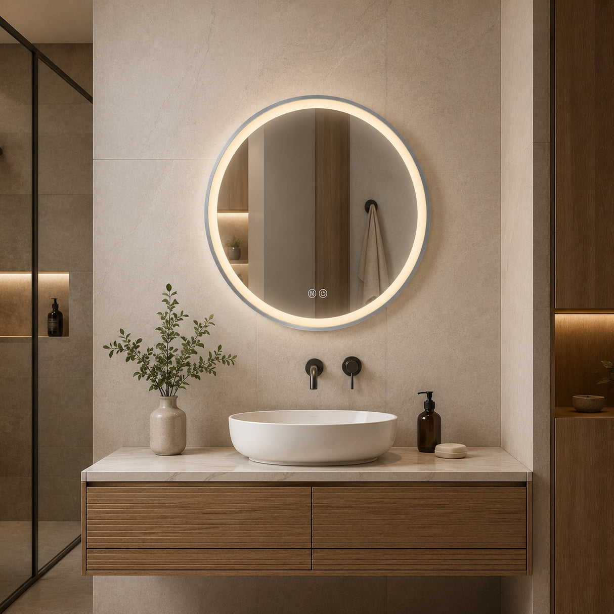 Espejo LED redondo de 60 cm instalado en baño moderno con marco de aluminio satinado