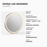 Ficha técnica del espejo LED redondo de 60 cm con marco de aluminio satinado