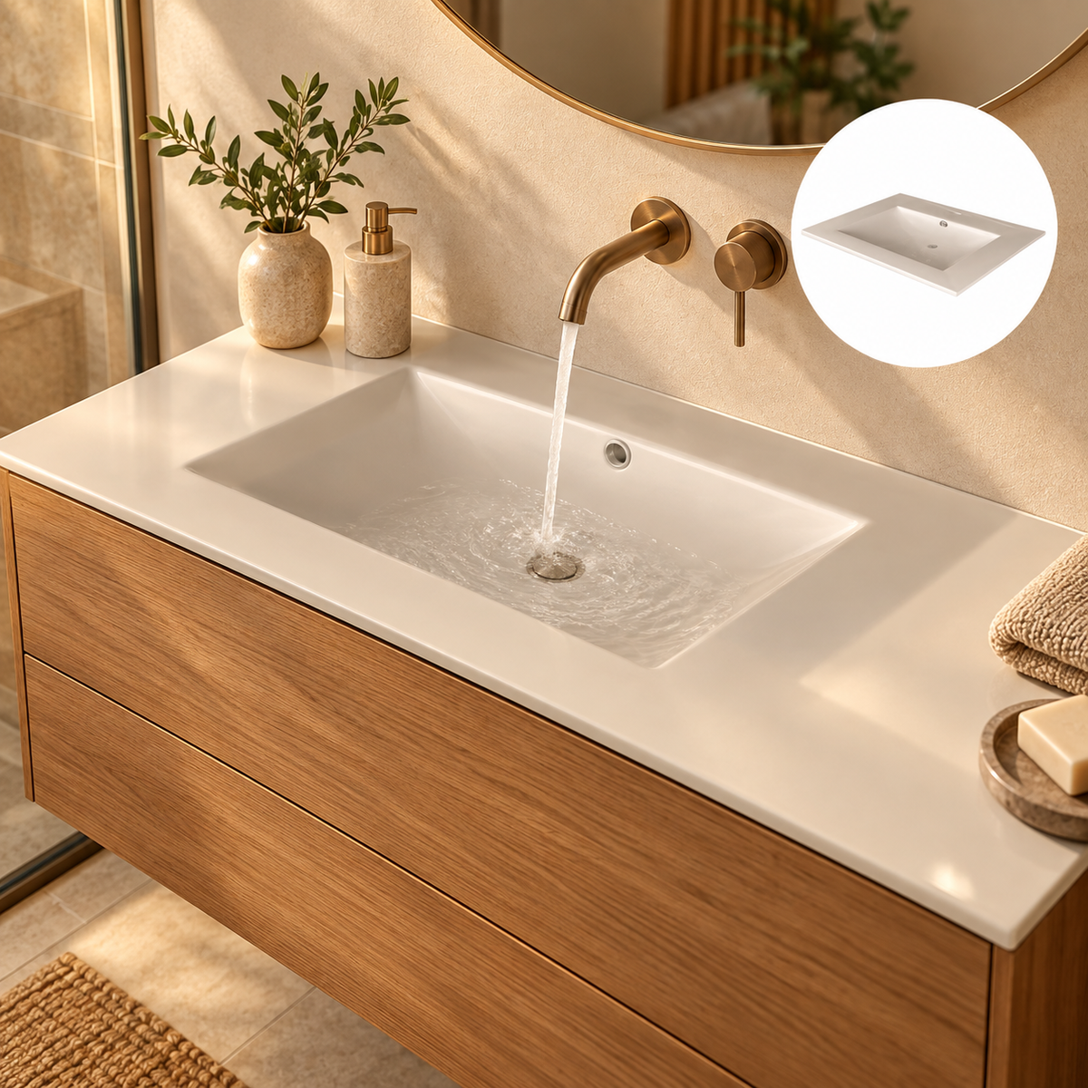Lavamanos Integrado De Porcelana Beige 60 X 40 Cm