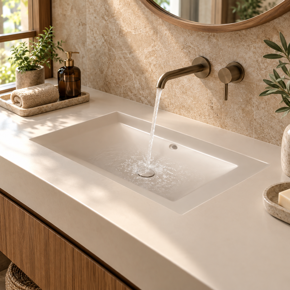 Lavamanos Integrado De Porcelana Beige 60 X 40 Cm
