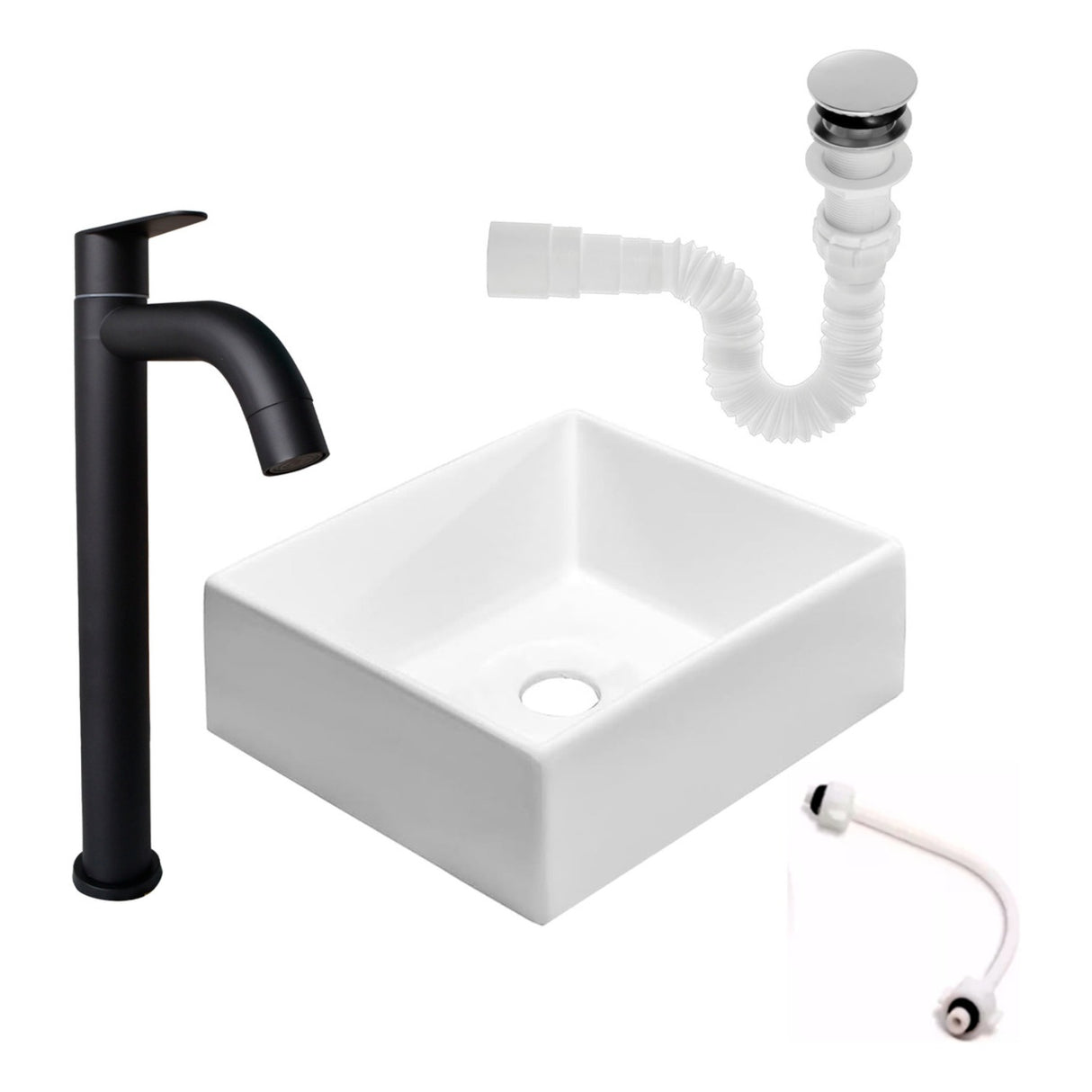 Kit Lavamanos Cuadrado+griferia Agua Fria Negro Mate+push