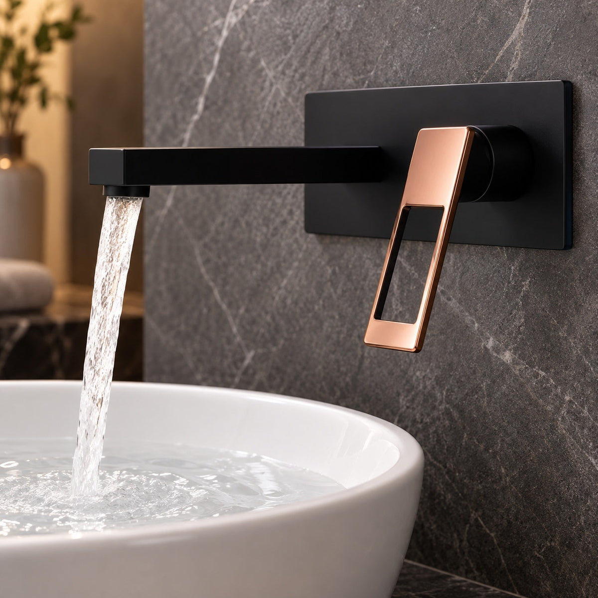 Grifería Monocontrol De Pared Negra Y Oro Rosa - imagen 2