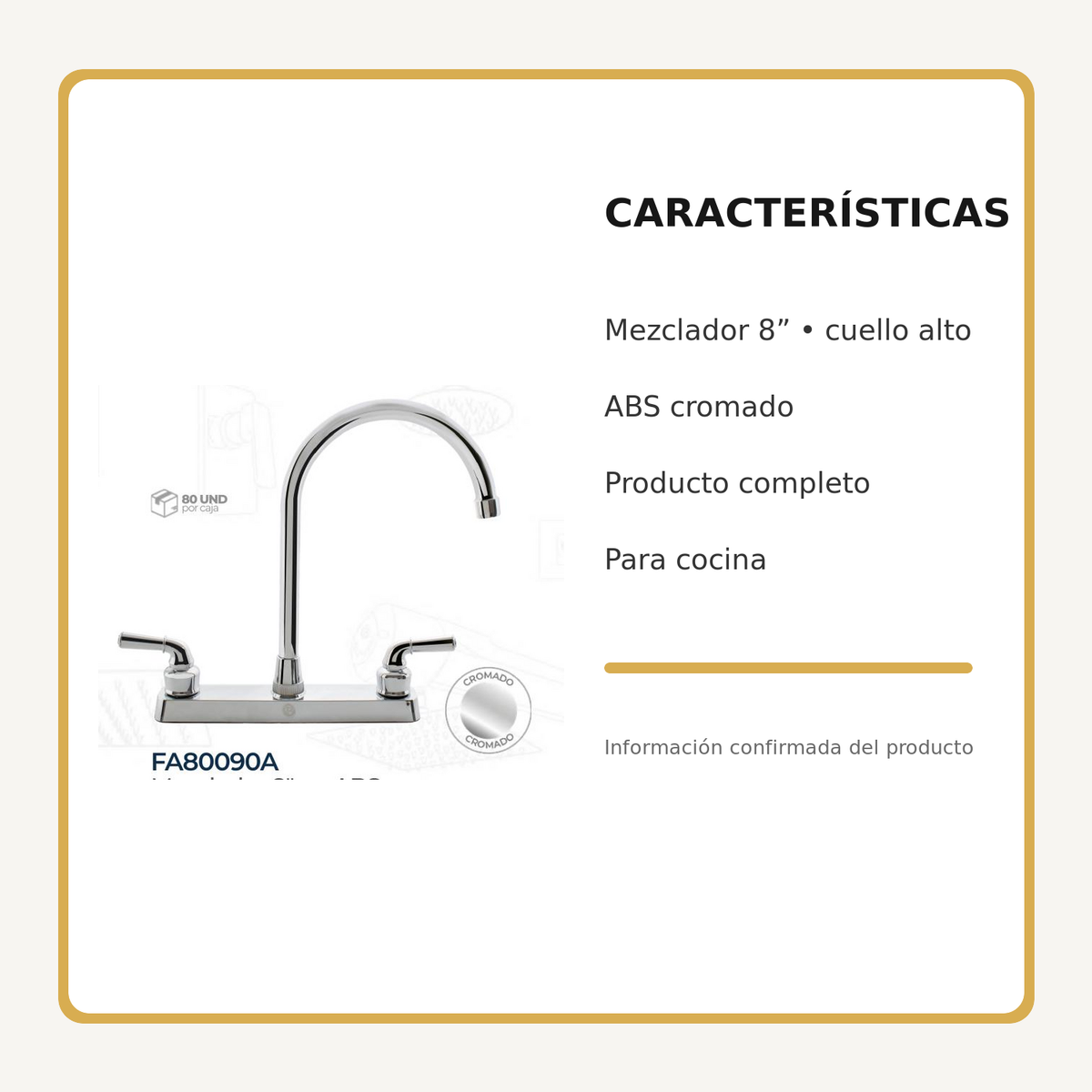 Mezclador de cocina 8 pulgadas en ABS cromado de cuello alto, características principales